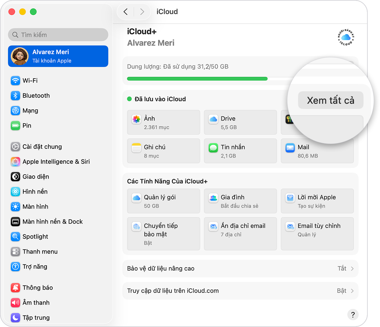 Màn hình iCloud trong Cài đặt hệ thống với nút Xem tất cả được đánh dấu