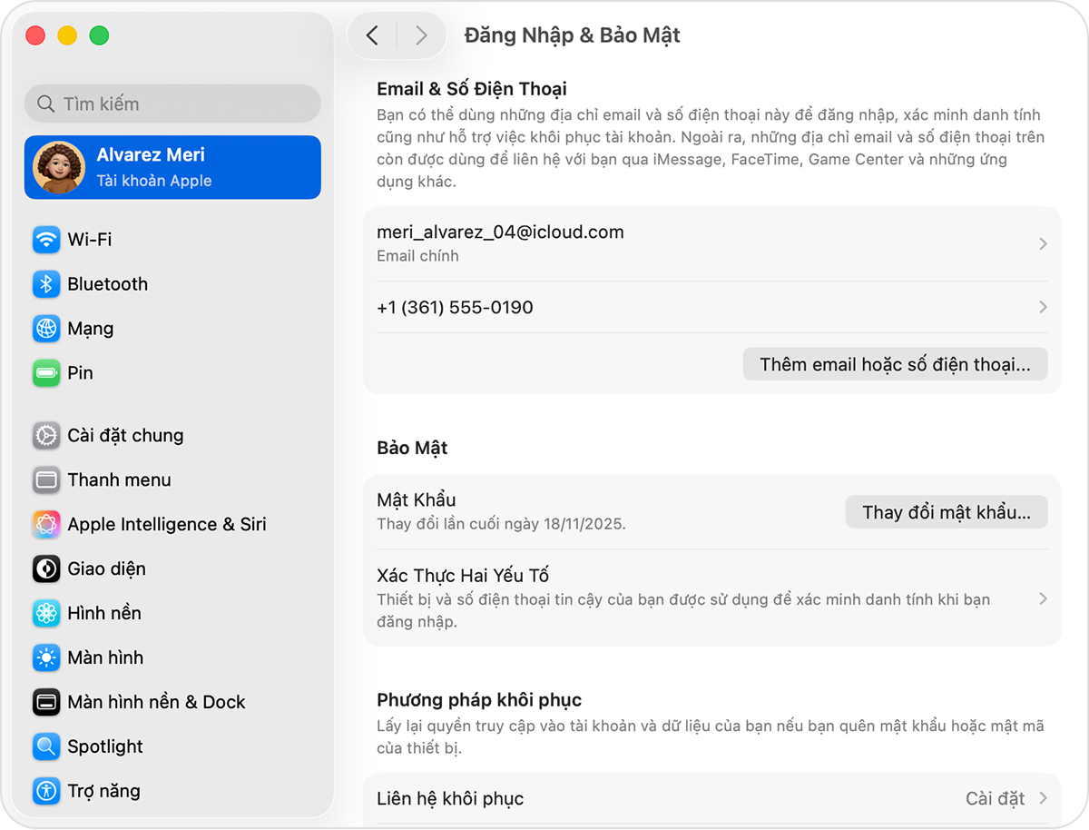 Cài đặt Đăng nhập và Bảo mật trên máy Mac với mục thay đổi mật khẩu Tài khoản Apple