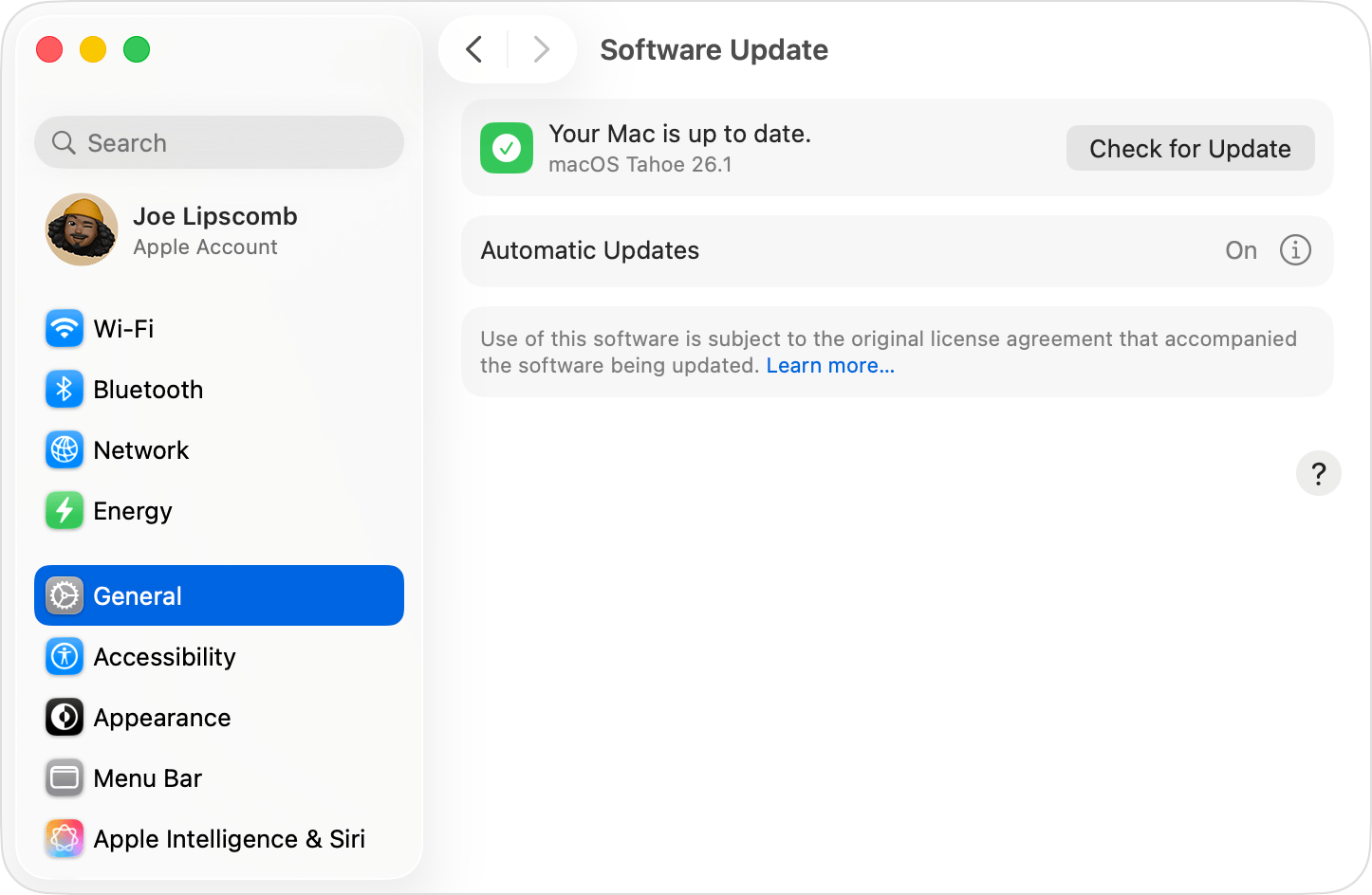 Software Update báo máy Mac đã ở bản mới nhất, kèm nút Check for Update