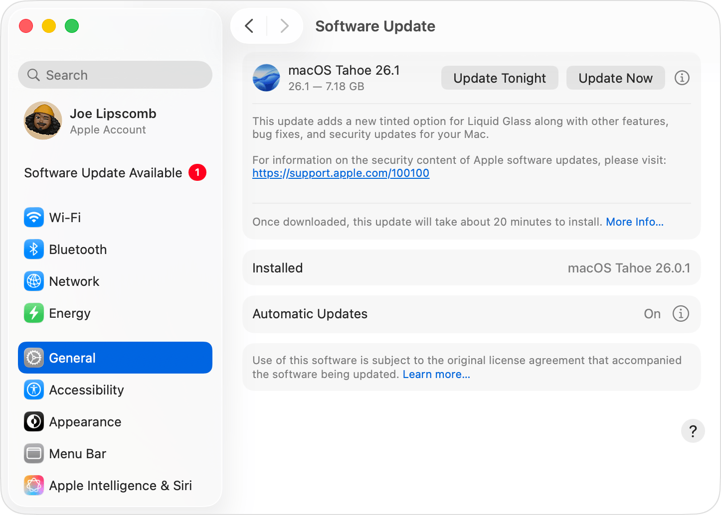 Màn hình Software Update trong System Settings với nút cập nhật
