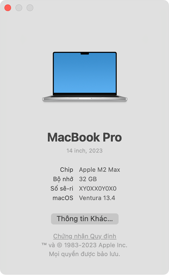 Cửa sổ Giới thiệu về máy Mac hiển thị thông tin vi xử lý Apple Silicon và bộ nhớ