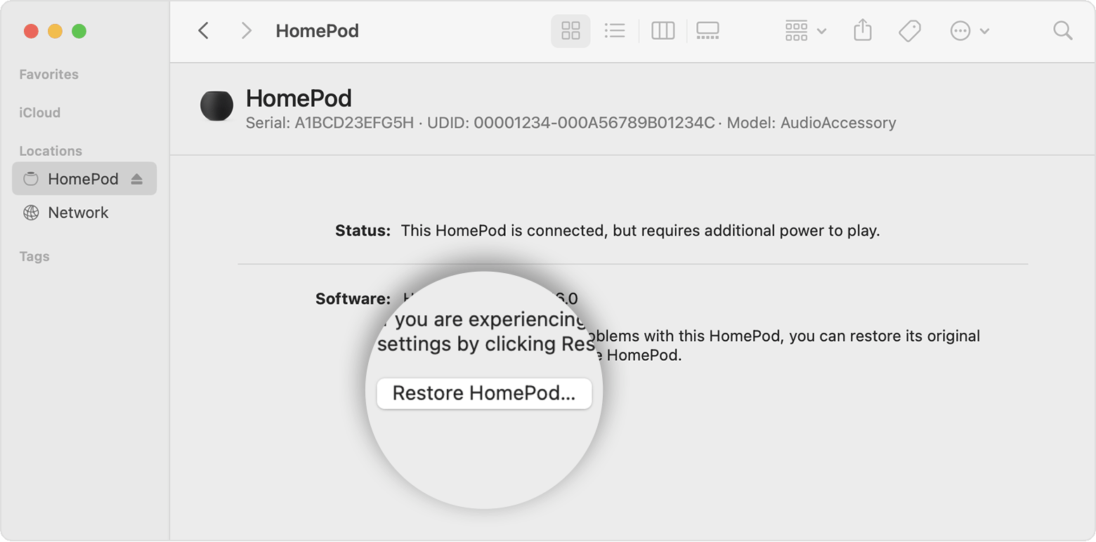 Khôi phục firmware cho loa HomePod mini qua Finder trên máy Mac