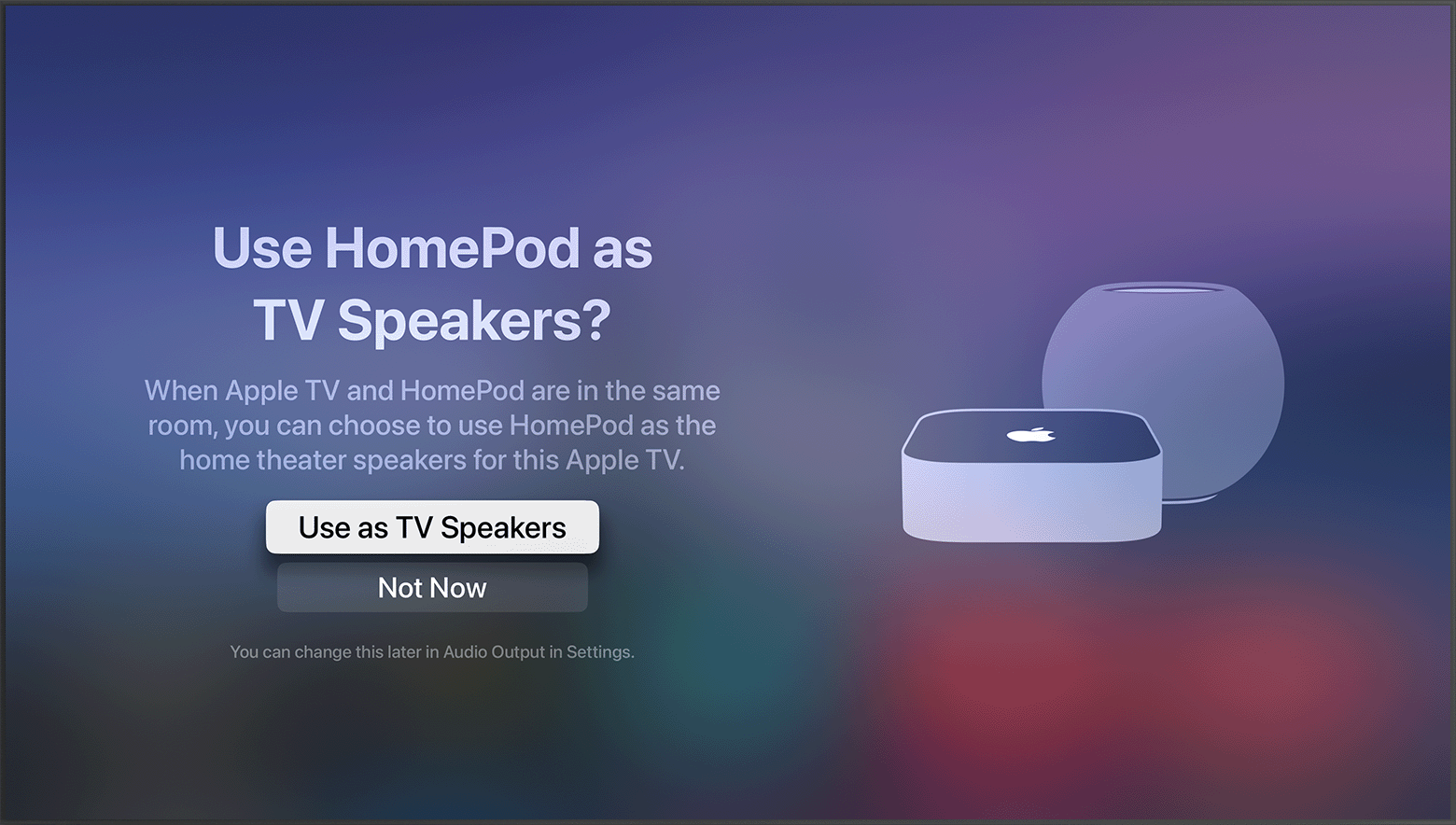 Màn hình cài đặt loa HomePod làm loa mặc định trên Apple TV 4K