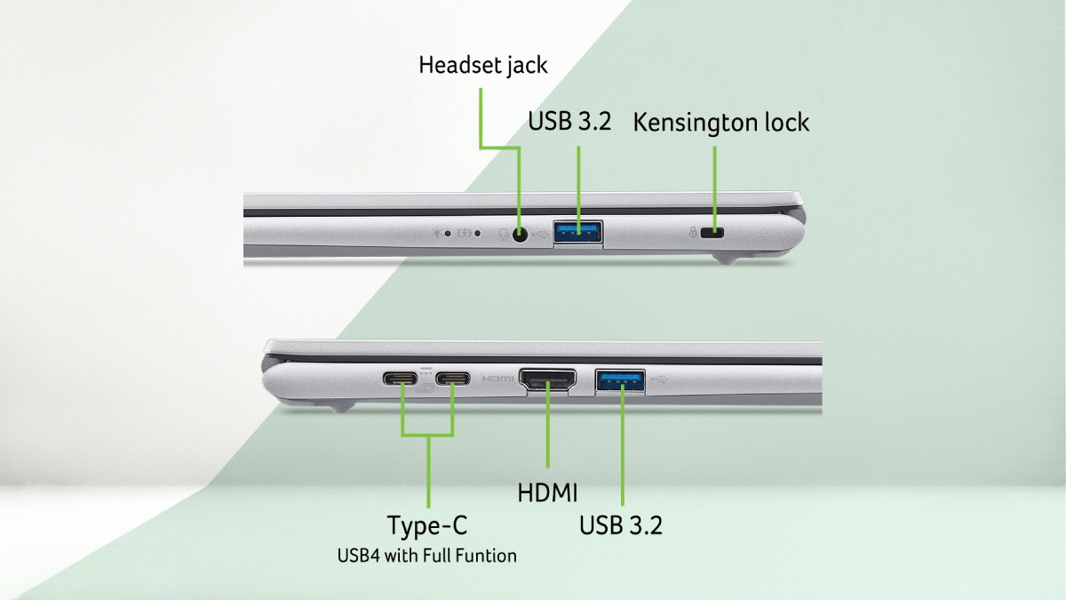 Pin 55Wh và cổng kết nối Acer Aspire Go 15 AG15-72P-54GY