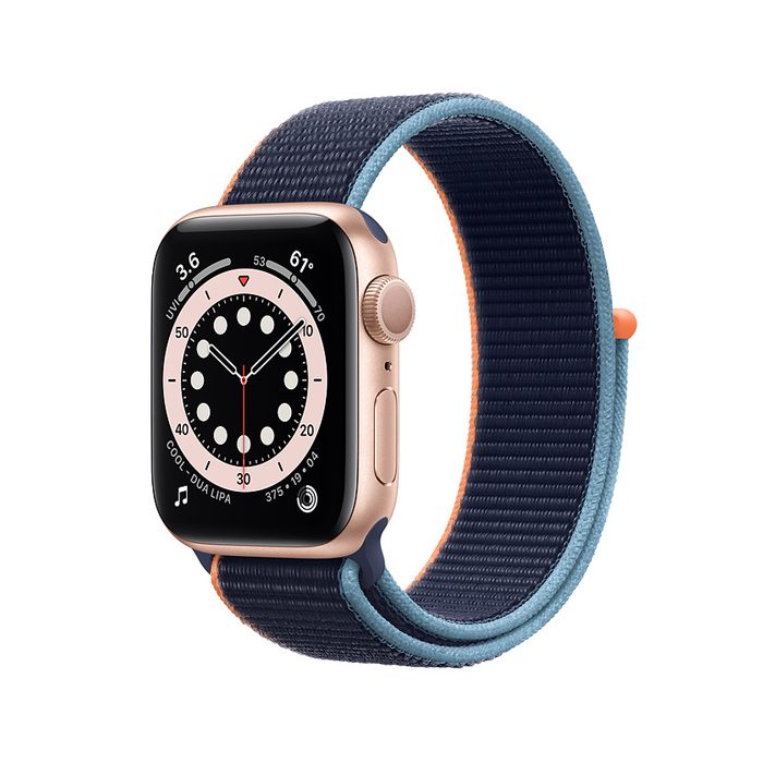 Apple watch s6 gps gold aluminum case with deep navy sport loop 1